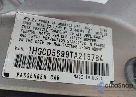 1996 Honda Accord Value from USA, damaged, VIN 1HGCD5699TA215784